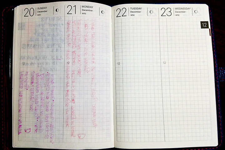 Hobonichi's Tomoe River paper with showthrough and some bleedthrough using medium to broad fountain pens.